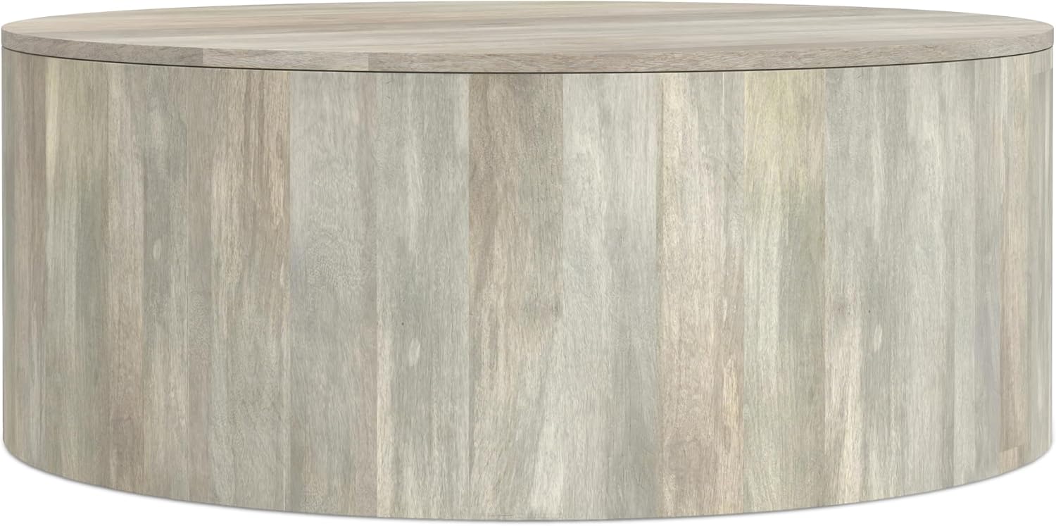 SIMPLIHOME Millbury Drum Coffee Table - 36 inch Wide Solid Mango Wood Round Living Room Table in White Wash, Contemporary Cocktail Table for Family Room or Lounge with Large Surface, Assembled