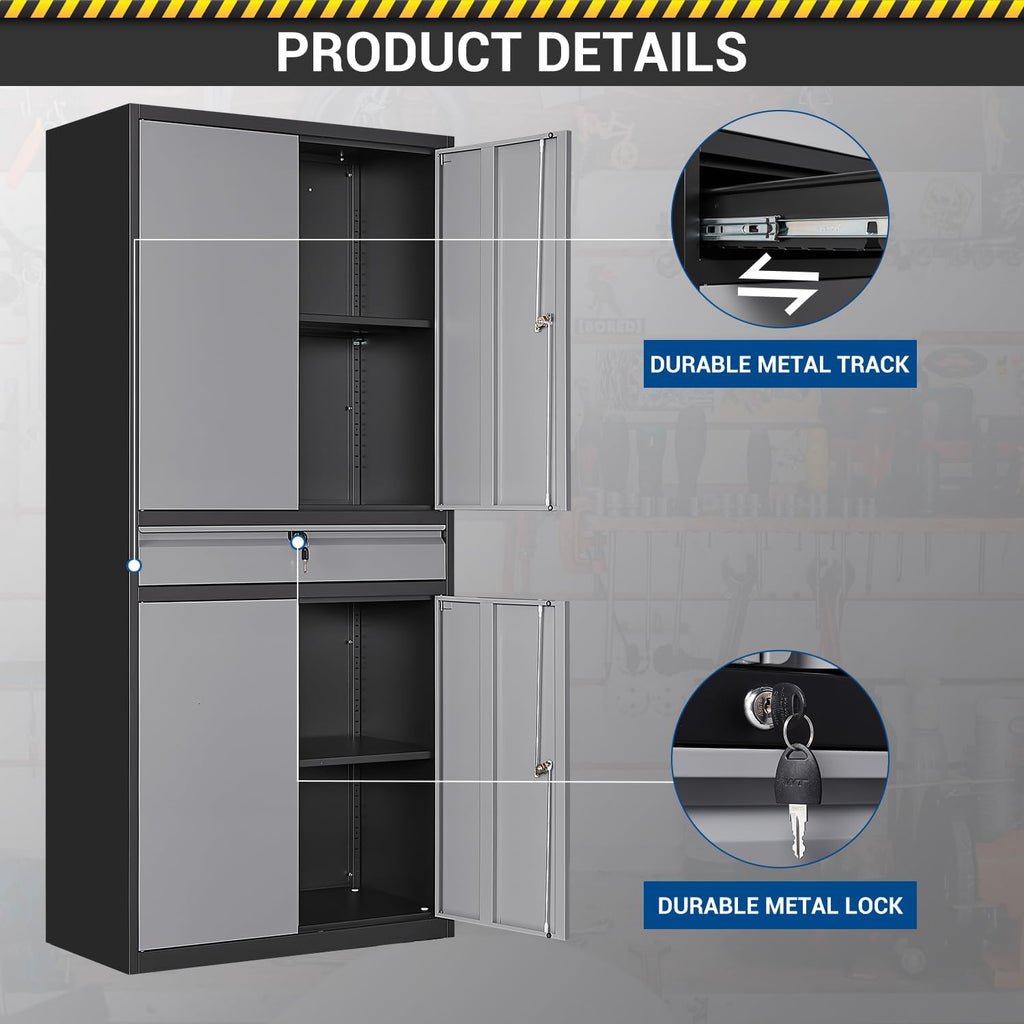 Fesbos 71' Metal Cabinet-Black&Gray Heavy Duty Storage File Cabinet Steel Tool Cabinets with Shelves, Lockable Doors and Drawers- for Garage, Pantry, Warehouse - Assembly Required