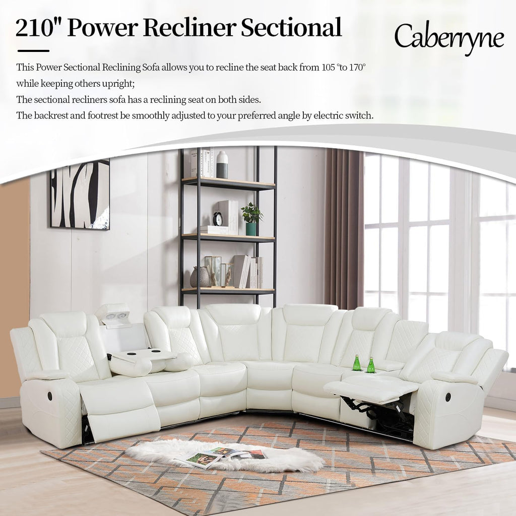 Power Recliner Sofa Sectional Couch with LED Light for Living Room,Leather Reclining Corner Sectional Sofa with 3 Recliner Seats,Cup Holder,Storage Console for House/Home Theater, Creamy