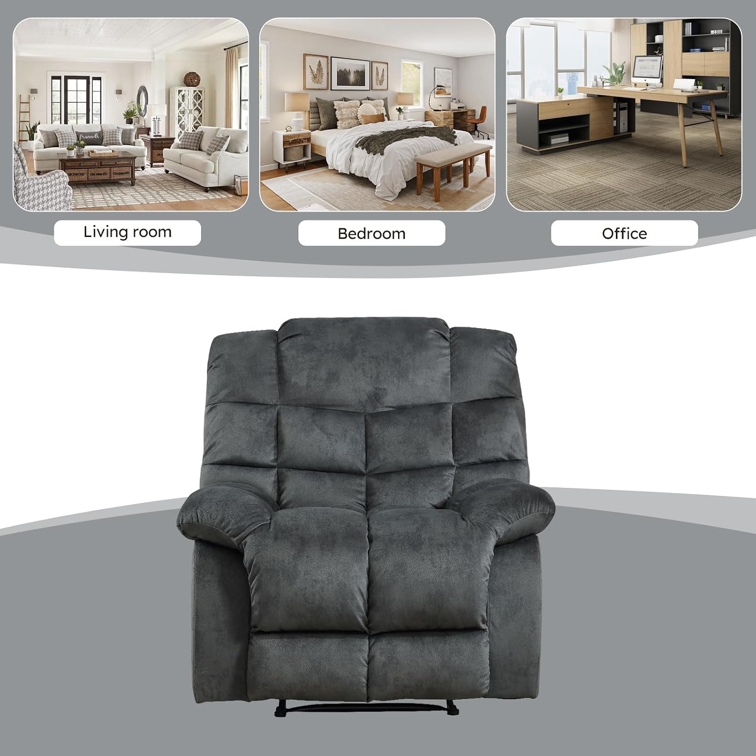 EBELLO Manual Recliner Chair, Overstuffed Reclining Sofa with Soft Padded Headrest and Armrest, Soft Fabric Single Couch for Living Room, Grey Green