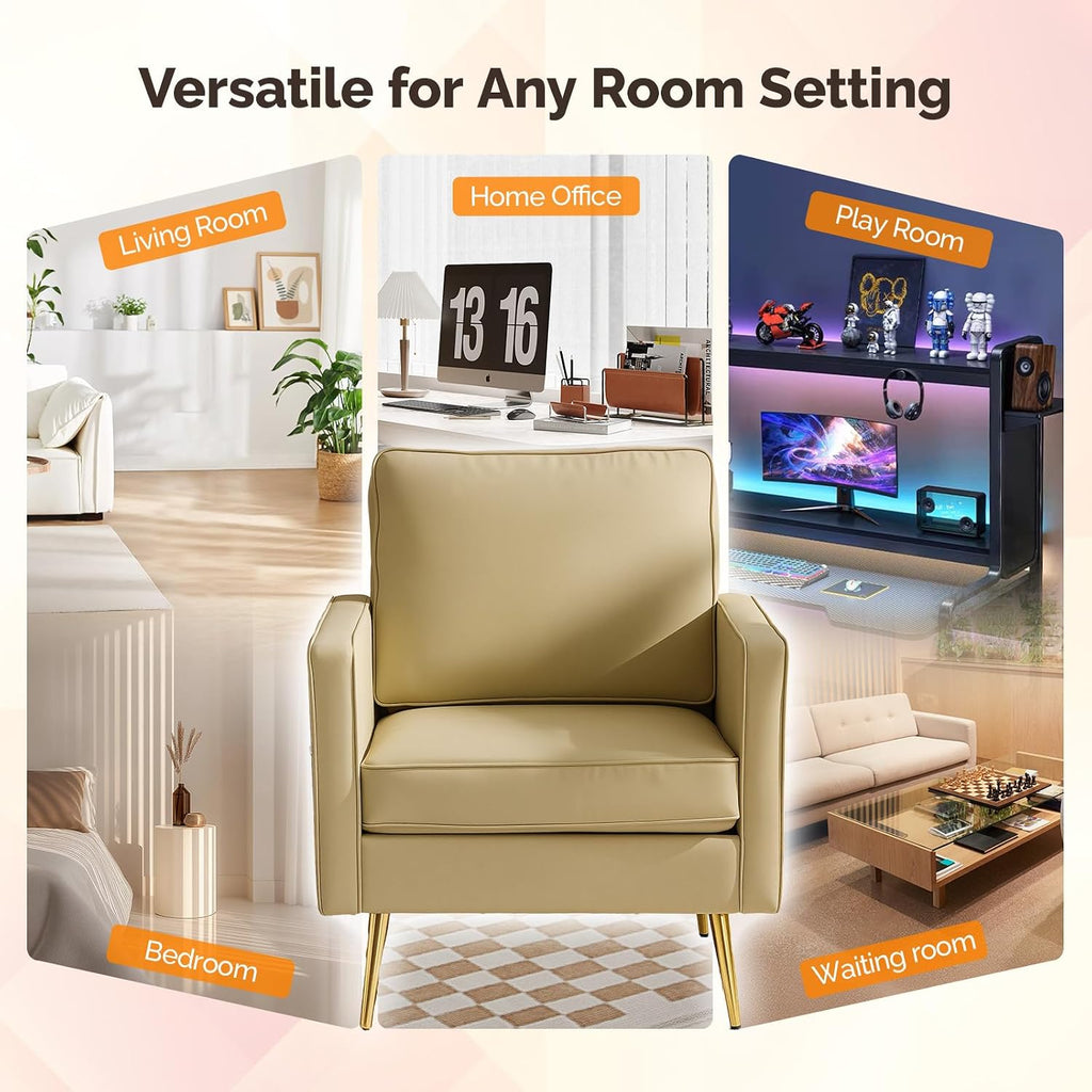 VINGLI PU Leather Accent Chairs Set of 2, Mid-Century Modern Living Room Chairs with Removable Cushions, Gold Legs, Upholstered Sofa Armchair for Bedroom, Office, Apartment, Play Room