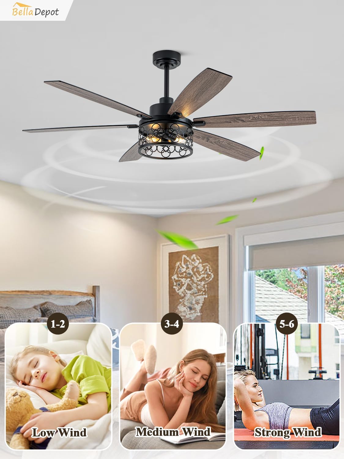 Bella Depot 60' Ceiling Fan with Light Farmhouse Caged Chandelier Fan with Remote Vintage Rustic Indoor Fandelier with Silent Motor for Dining Living Room Bedroom, (Bulbs not Included)