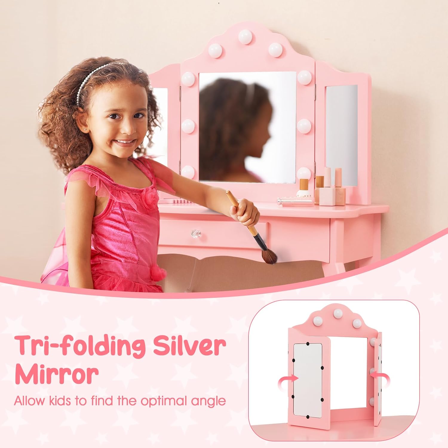 HONEY JOY Kids Vanity Set with Lighted Mirror, 2 in 1 Princess Toddler Dressing Table w/Tri-Fold Mirror & Drawer, Wooden Makeup Table & Chair Set, Pretend Play Vanity Set for Little Girls (Pink)
