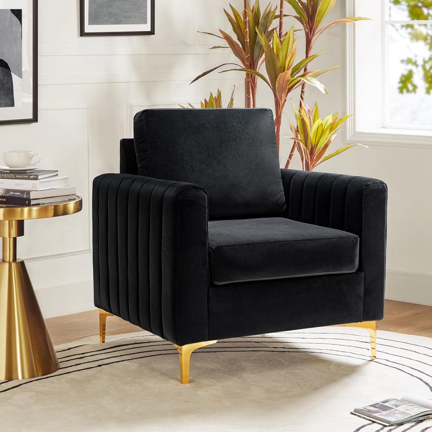 HULALA HOME Velvet Accent Club Chair, Modern Velvet Armchair Upholstered Accent Club Chair with Gold Metal Legs Mid-Century Barrel Leisure Comfy Reading Armchair, Black