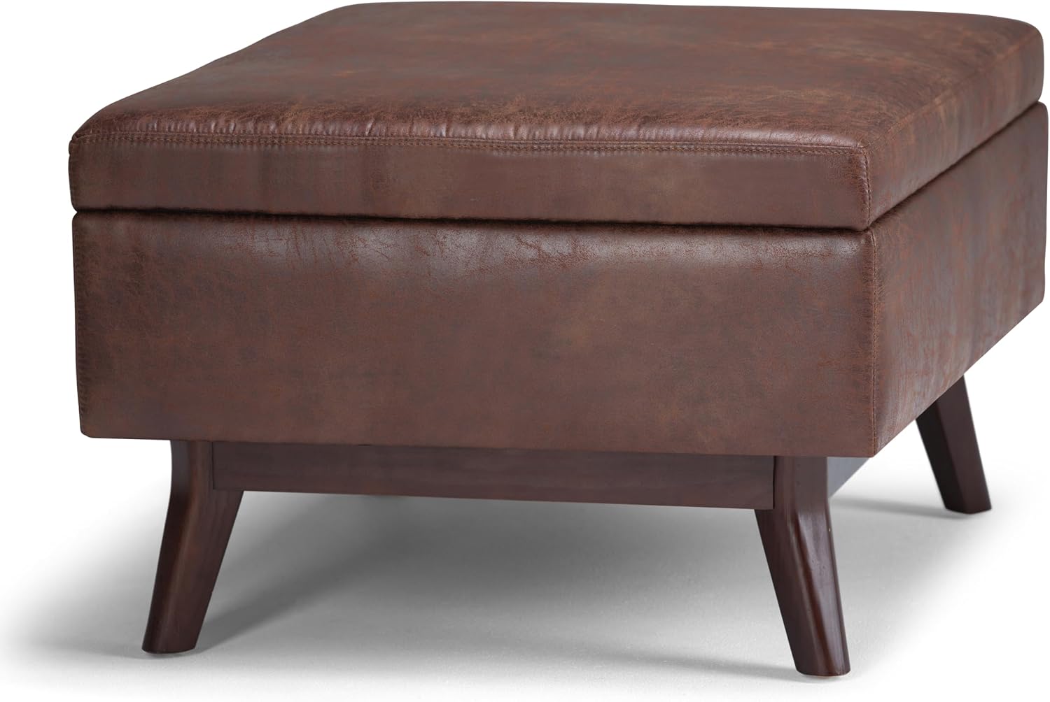 SIMPLIHOME Owen Coffee Table Storage Ottoman - 34' Wide x 19' High Upholstered Vegan Leather Rectangular Lift-Top Ottoman in Distressed Saddle Brown, Mid-Century Modern Bench with Tapered Legs
