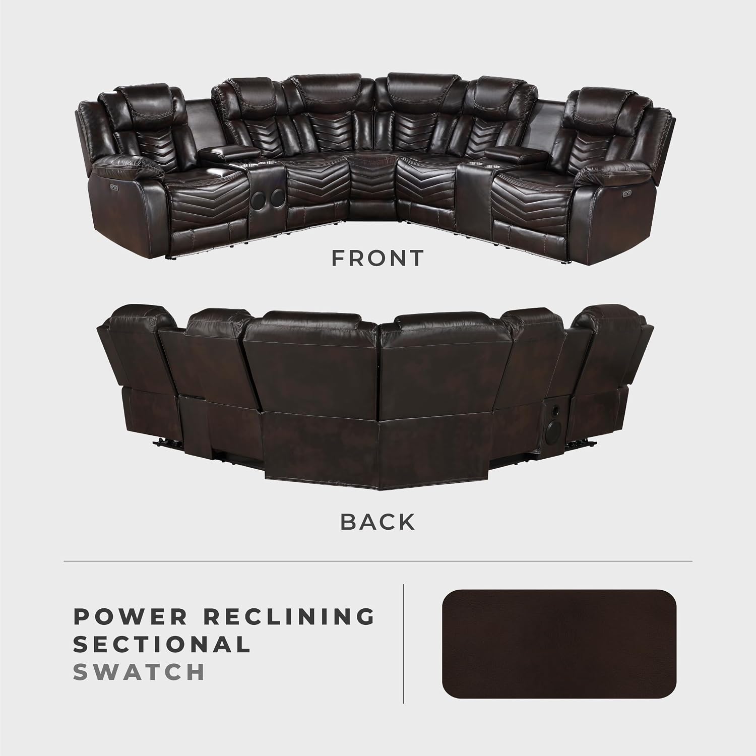 Lexicon Modern 3-Piece Power Reclining Sectional Sofa, Wall Hugger Faux Leather Sectional Couch, with Consoles, Speakers, Subwoofer and Led Lighting, for Living Room/Office/Apartment, Dark Brown