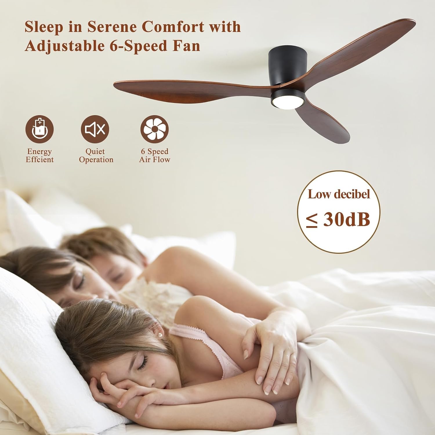 52 Inch Low Profile Ceiling Fan with Lights, Flush Mount Ceiling Fan, 3 Wood Blades, Noiseless DC Motor - Timer Function, 6 Adjustable Wind Speeds, for Patios, Bedrooms, Living Rooms(Walnut Wood)