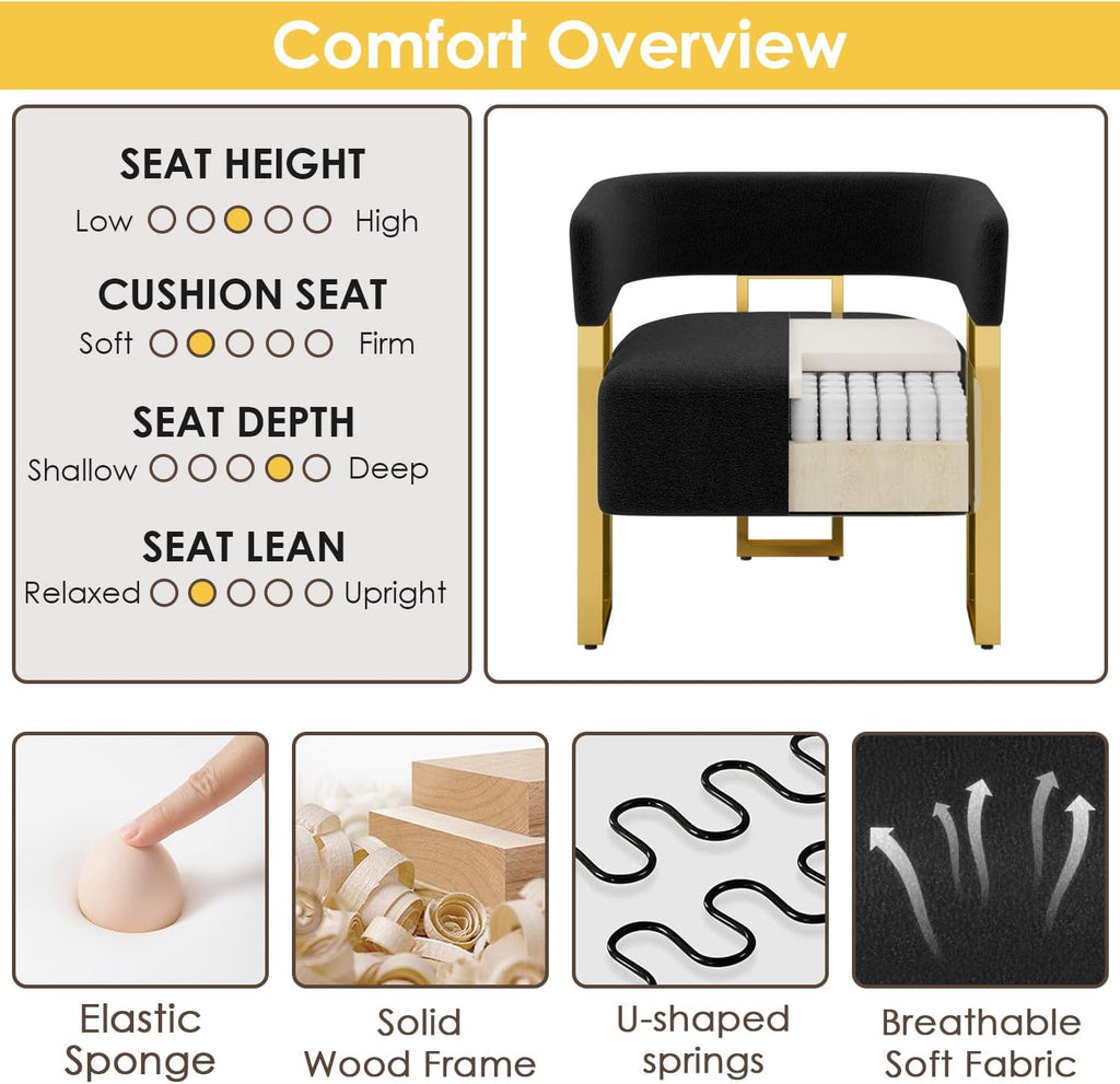 STHOUYN Modern Black and Gold Accent Chair Set of 2, Boucle Bucket Chairs Set of 2, Arm Chairs for Living Room Bedroom (2, Black)