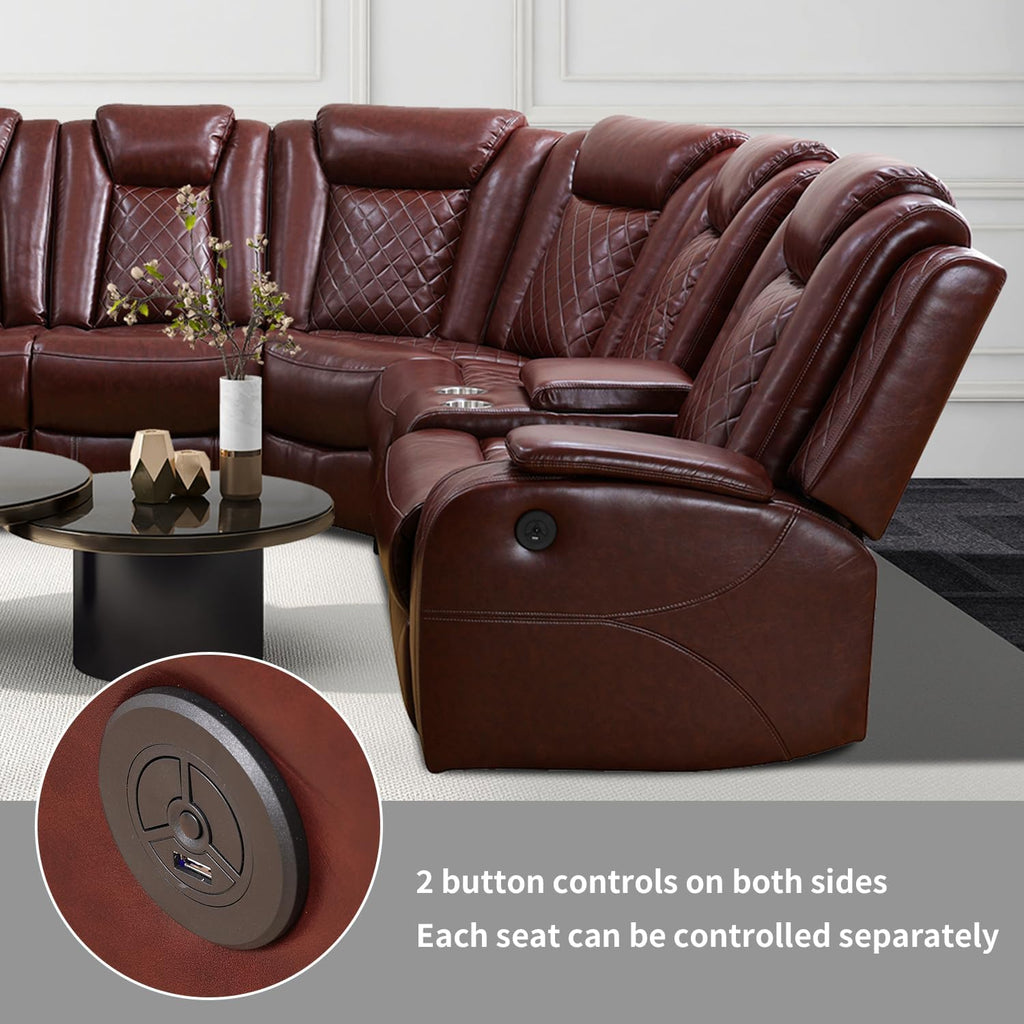 Power Recliner Sofa Sectional Couch with LED Light for Living Room,Leather Reclining Corner Sectional Sofa with 2 Recliner Seats,Cup Holder,Storage Console for House/Home Theater, Wine