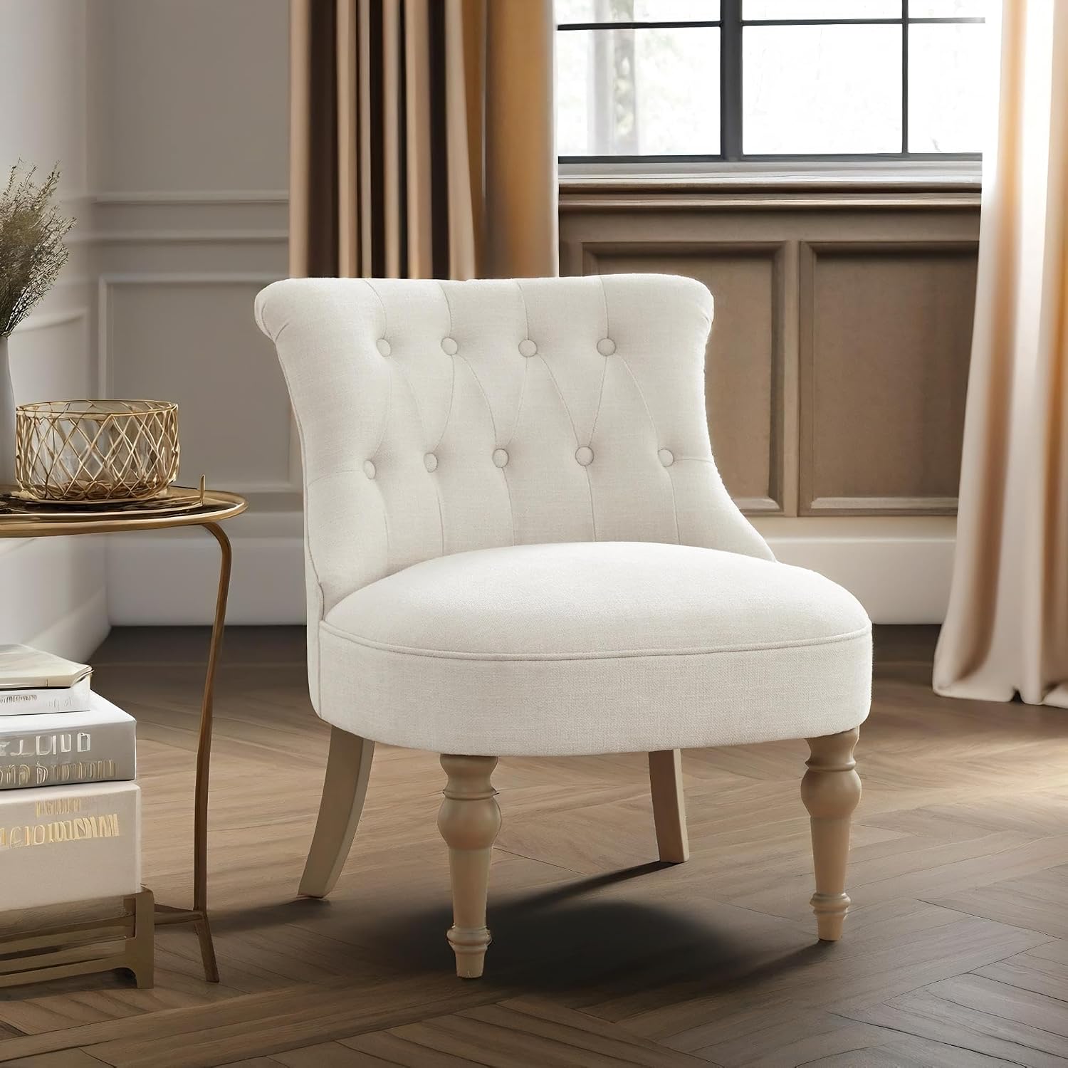 Zihanhome Living Room Chairs, Armless Accent Chair, Comfy Tufted Bedroom Chair, Upholstered Chair with Wooden Legs for Reading Room, Reception, Apartments and Dormitories (Beige)