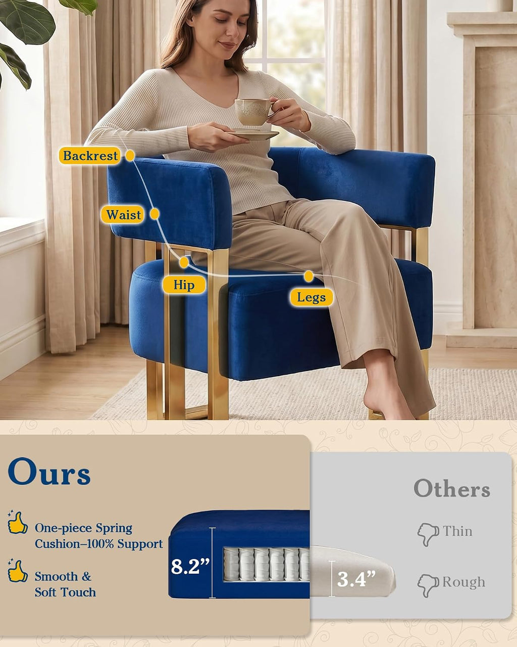 AODAILIHB Blue Modern Accent Chair, Velvet Barrel Chairs with Gold Metal Legs - Upholstered Armchairs for Living Room, Bedroom, Lounge & Waiting Room