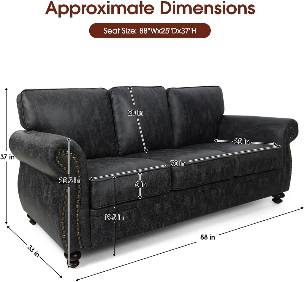 Couchus Mid-Century Vintage Sofa Couches with Rivet Design,3-Seater Sofa,Removable Sofa Cover Upholstered Cushions and Solid Wood Frame (Grey, 3-Seater)