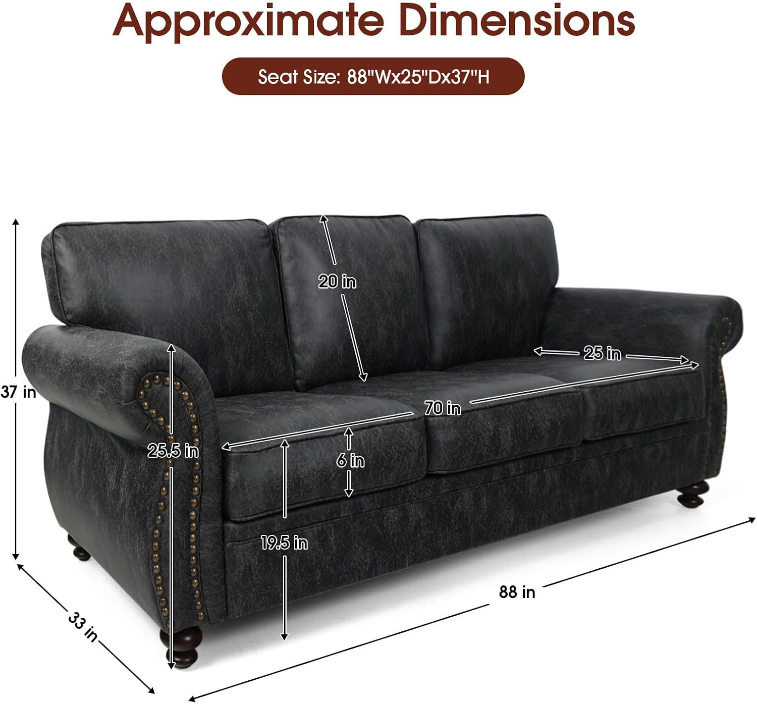 Couchus Mid-Century Vintage Sofa Couches with Rivet Design,3-Seater Sofa,Removable Sofa Cover Upholstered Cushions and Solid Wood Frame (Grey, 3-Seater)