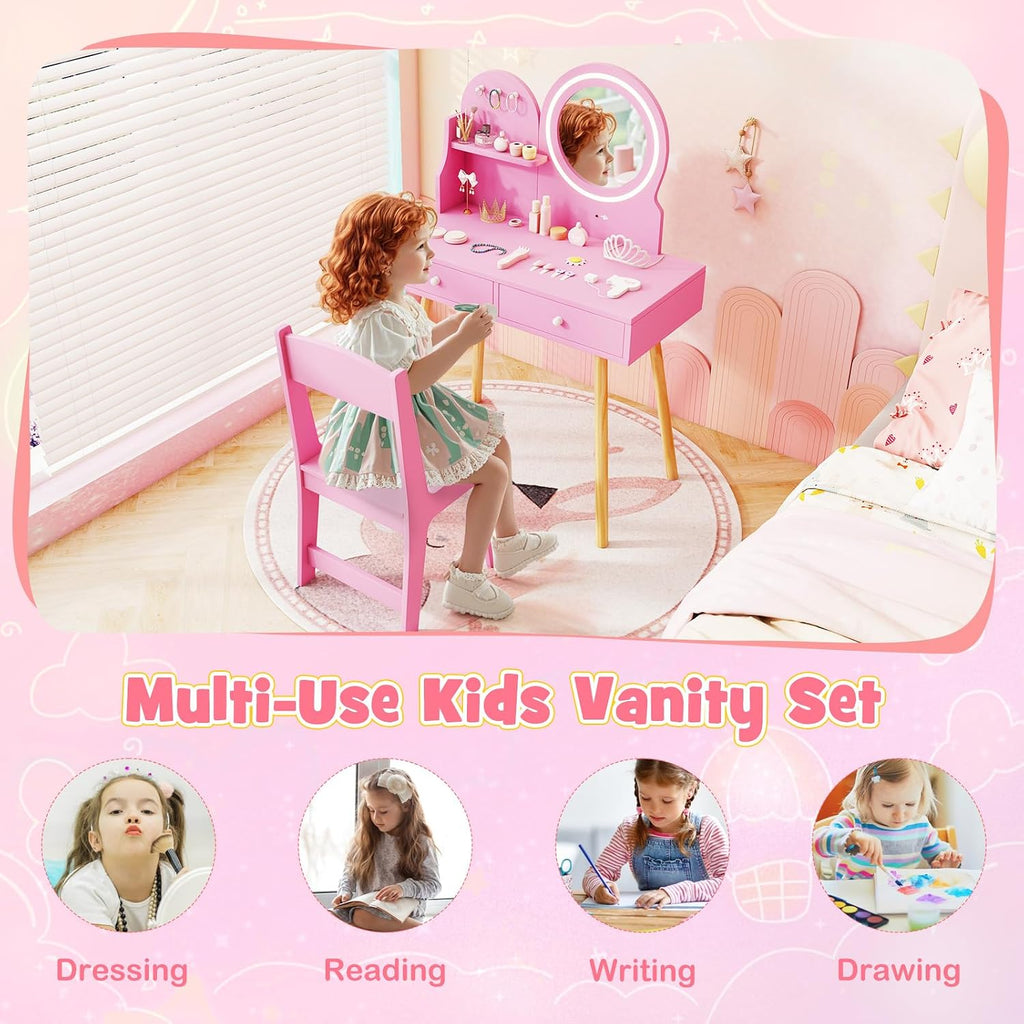 HONEY JOY Kids Vanity, Little Girls Vanity Set with Mirror and Stool and Lights, Drawers, Toddler Makeup Vanity Dressing Table, Wooden Pretend Play Kids Vanity Table and Chair Set (Pink)