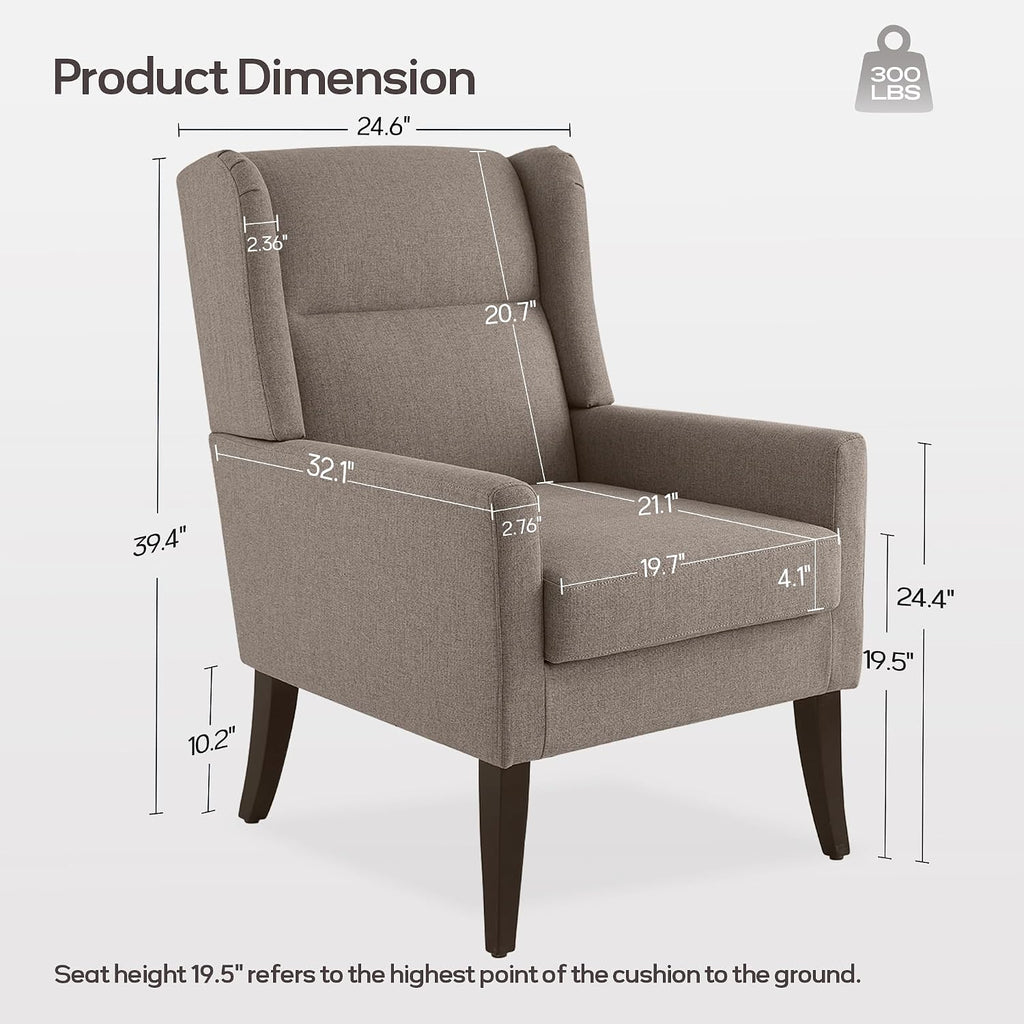 Zihanhome High Back Accent Chair, Fabric Living Room Chairs, Comfy Upholstered Armchair with Wooden Legs for Living Room, Bedroom, Apartment (1, Brown)