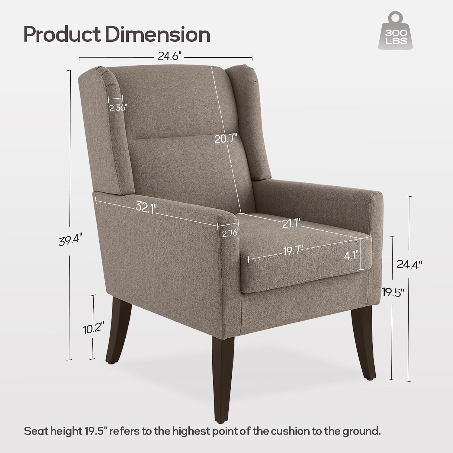 Zihanhome High Back Accent Chair, Fabric Living Room Chairs, Comfy Upholstered Armchair with Wooden Legs for Living Room, Bedroom, Apartment (1, Brown)