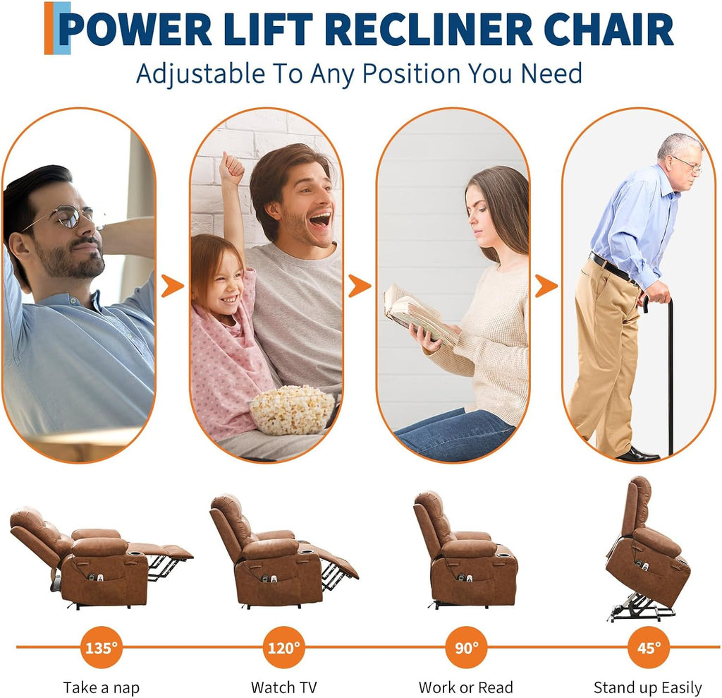GarveeHome Power Lift Recliner Chair for Elderly, Oversized Electric Lift Chair with Heat and Massage, PU Leather Adjustable Recliner with Cup Holders & Side Pocket for Living Room, Brown