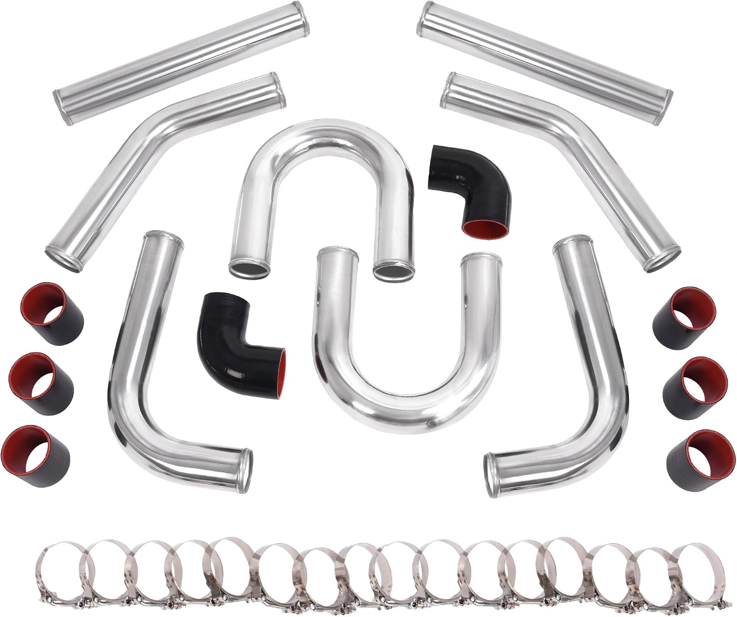 KUAFU 2.5' 8Pcs Aluminium Turbo Intercooler Piping w/U Pipe Black Silicone Coupler & Stainless Steel Clamp Kit Universal Tube Polishing Set Rubber Silvery & Black