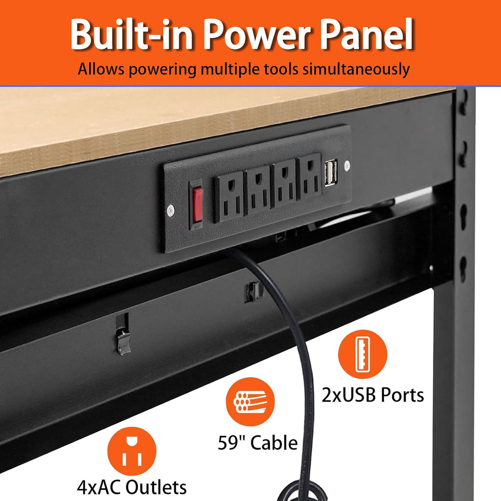 Workbench with Power Outlets and LED Light - Steel Workbench with 4xAC Outlets 2xUSB Ports, Garage Work Bench with Drawer and Peg Board, Workshop Tools Table, Mens Gifts, 59' H x 48' L x 24' D