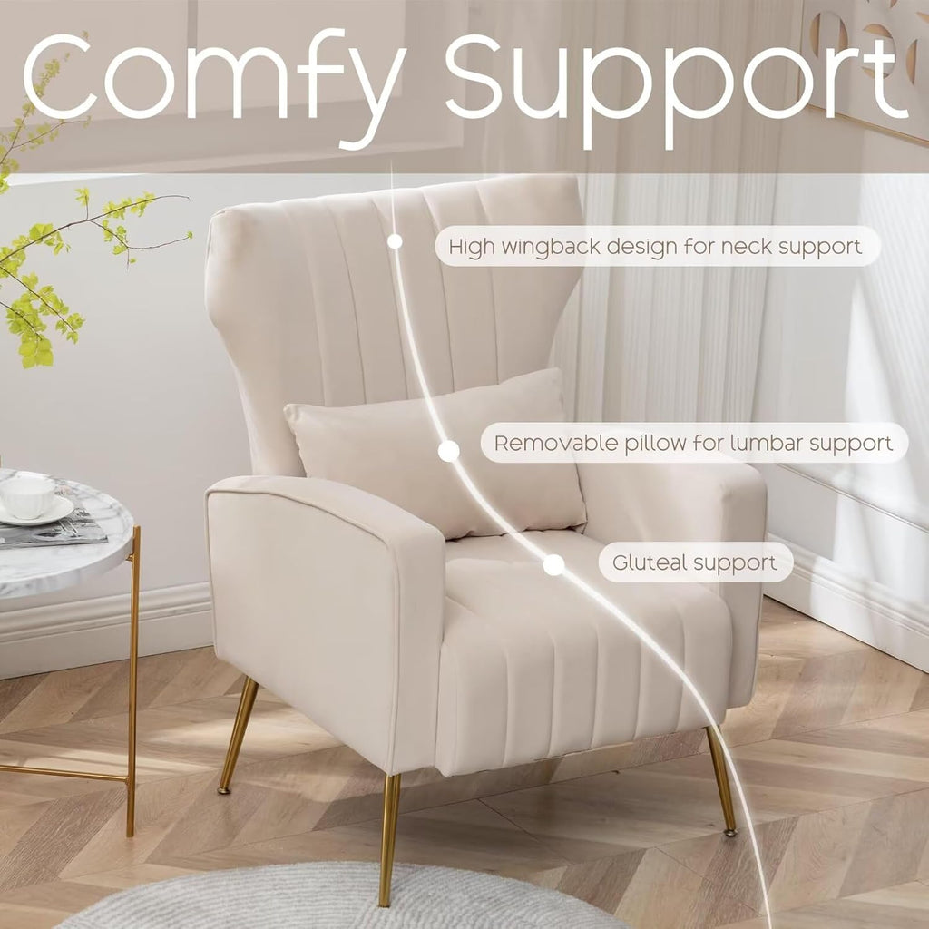 Velvet Accent Chair Set of 2,Wingback Armchair for Living Room, HighBack Reading Chair with Golden Legs Lumbar Pillow, Upholstered Single Sofa Comfy for Bedroom, Apartment, Small Spaces Beige