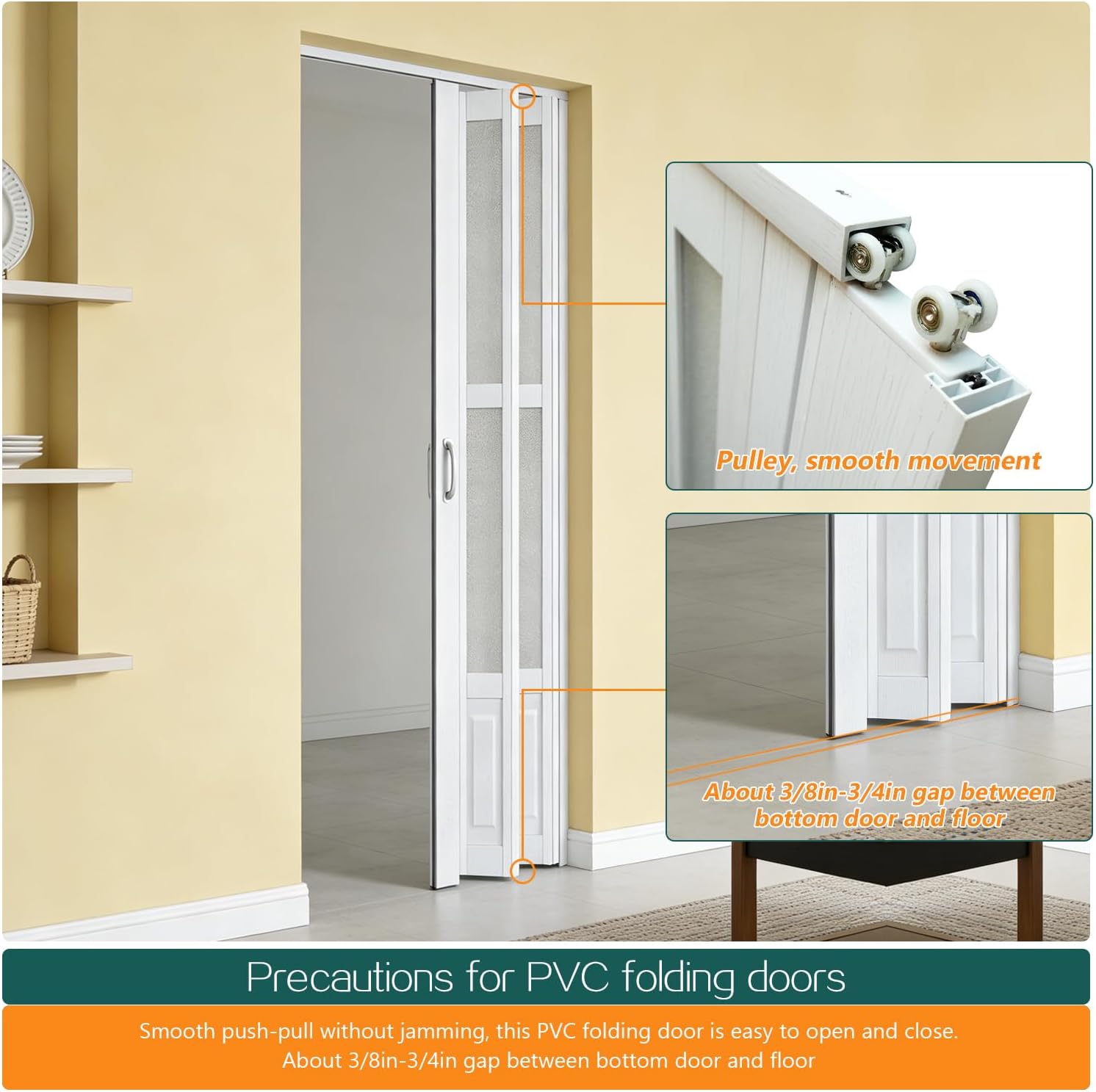 30X80in Accordion Doors Interior,White PVC Folding Door with Handle & Latch, for Closet & Kitchen