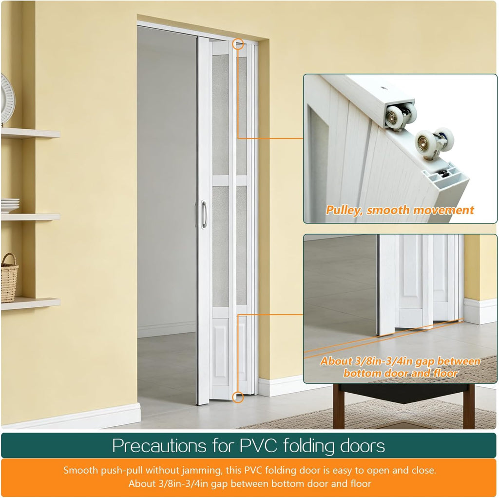 32X80in Accordion Doors Interior,White PVC Folding Door with Handle & Latch, for Closet & Kitchen,Complete Hardware Kit Easy to Install
