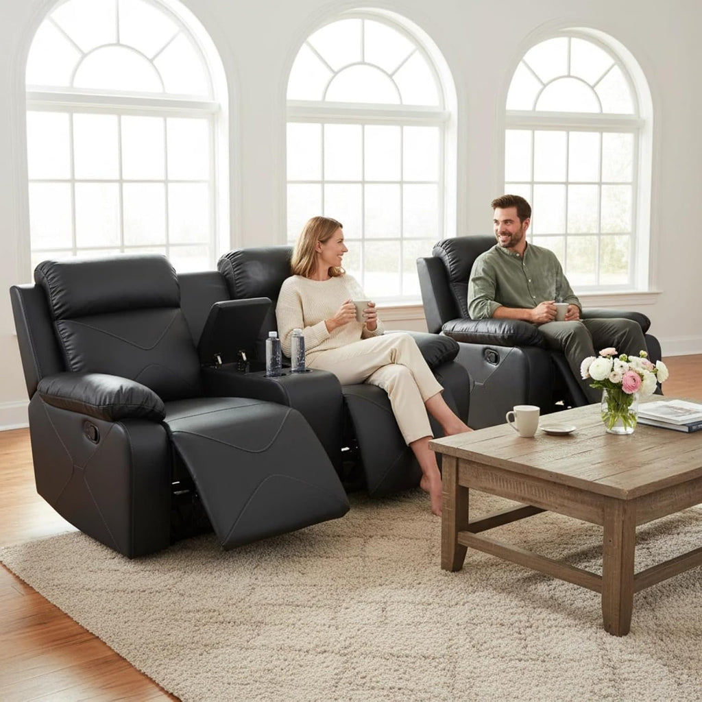Leather Manual Recliner Sofa Set, Adjustable Backrest Reclining Loveseat Sofa with Storage Console & Cup Holders, Recliner Chair for House, Home Theater, Black