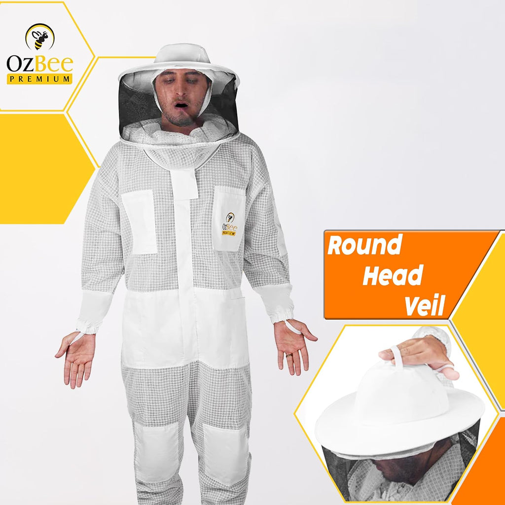 OZBEE 3-Layer Ventilated Mesh Beekeeping Suit with Fencing Hoodie Veil & Round Veil, Includes Goatskin Leather Gloves