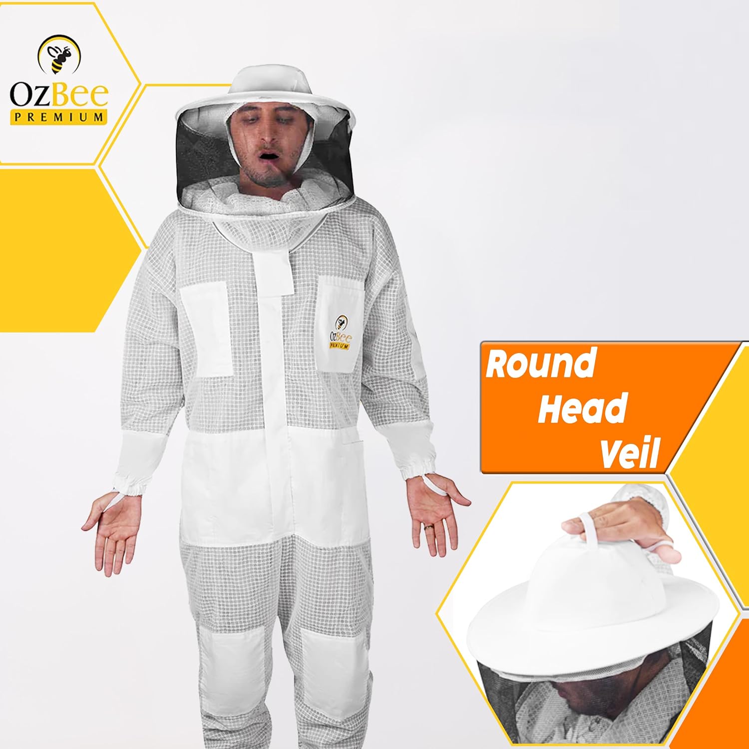 OZBEE 3-Layer Ventilated Mesh Beekeeping Suit with Fencing Hoodie Veil & Round Veil, Includes Goatskin Leather Gloves