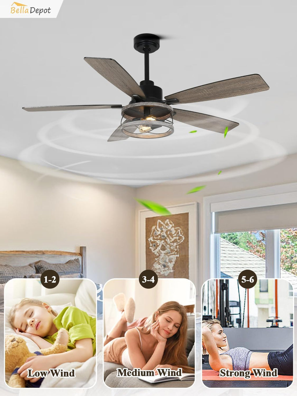 Bella Depot 52' Farmhouse Caged Ceiling Fan with Light, Remote Control & Silent Motor, Industrial Chandelier Style Fandelier for Bedroom Living Room Dining Room
