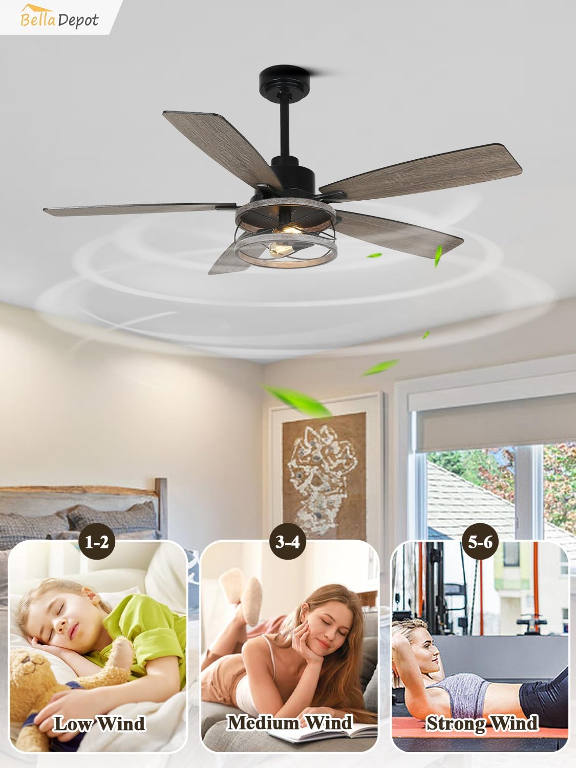 Bella Depot 52' Farmhouse Caged Ceiling Fan with Light, Remote Control & Silent Motor, Industrial Chandelier Style Fandelier for Bedroom Living Room Dining Room