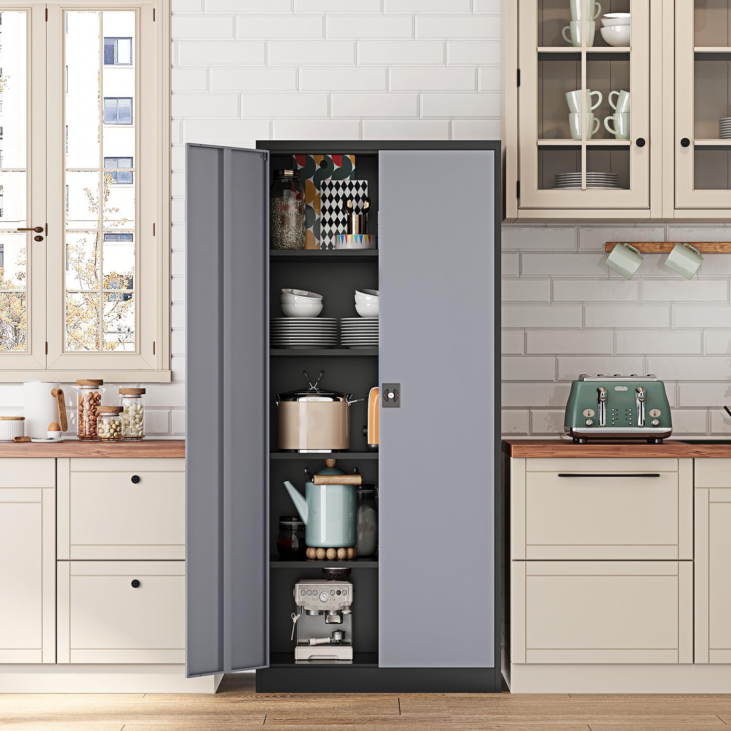 Fesbos Metal Storage Cabinet-72' Tall Steel File Cabinets with Lockable Doors and Adjustable Shelves-Black&Gray Steel Storage Cabinet for Kitchen, Office, Garage