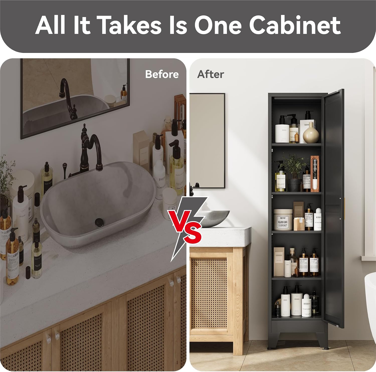 67' Tall Narrow Storage Cabinet with Reversible Doors and Adjustable Shelves,11.8' Deep By 15.7' Wide Metal Slim Cabinet for Bathroom Kitchen Garage Small Spaces,Black,1 Pc