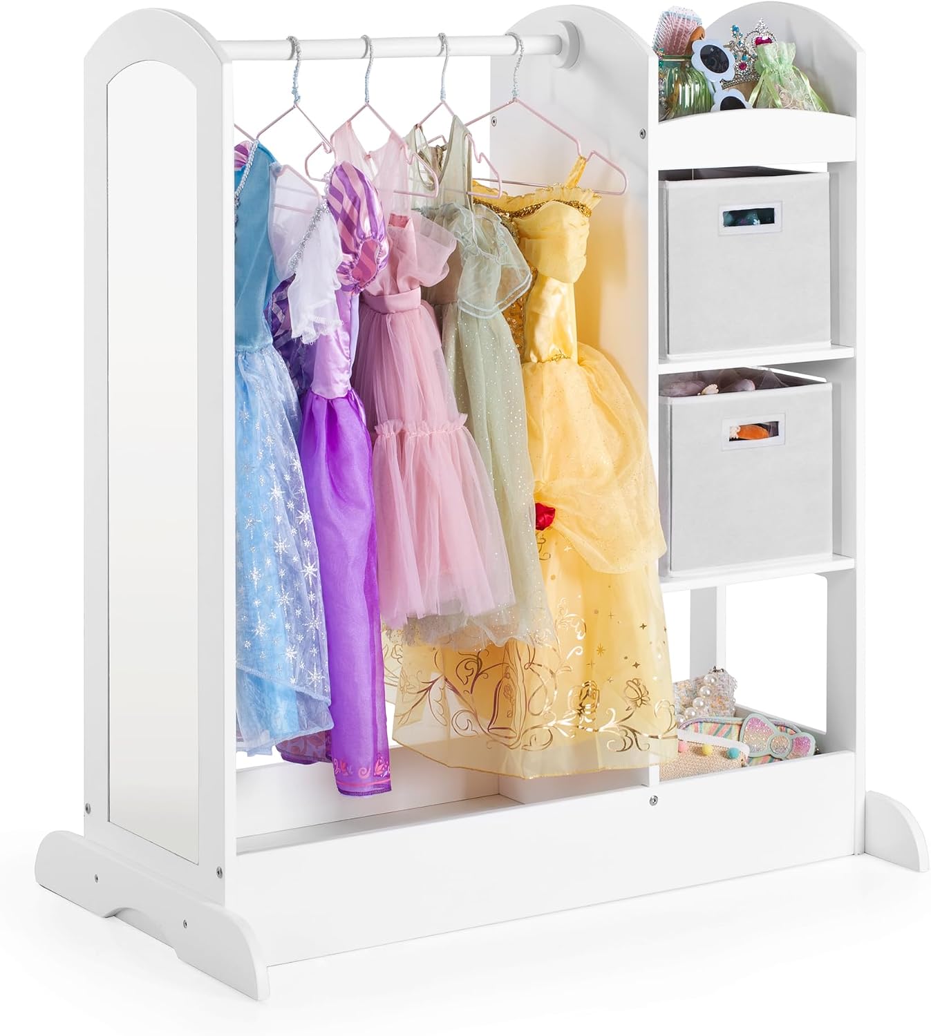 Guidecraft See and Store Dress-up Center – White: Pretend Play Costume Storage Wardrobe for Kids with Mirror & Shelves, Armoire with Bottom Tray, Toddlers Room Furniture