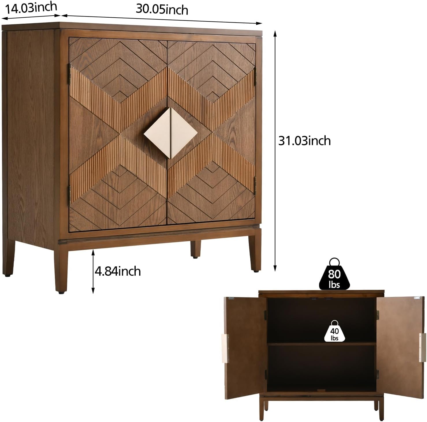 Ahokua Mid-Century Modern Wood Accent Cabinet with 2 Carved Doors, Geometric Storage Sideboard with Adjustable Shelf for Living Room, Hallway or Entryway, Brown