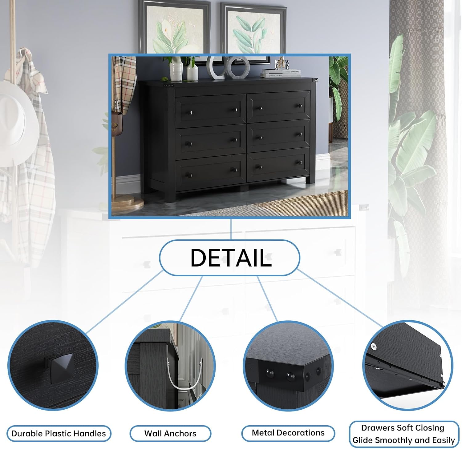 HUANLEGO Black Dresser for Bedroom with 6 Drawers, Modern Chest of Drawers, Wood Dressers Bedroom Furniture Wide Storage Organizer, 6 Drawer Dresser for Closet, Living Room, Hallway