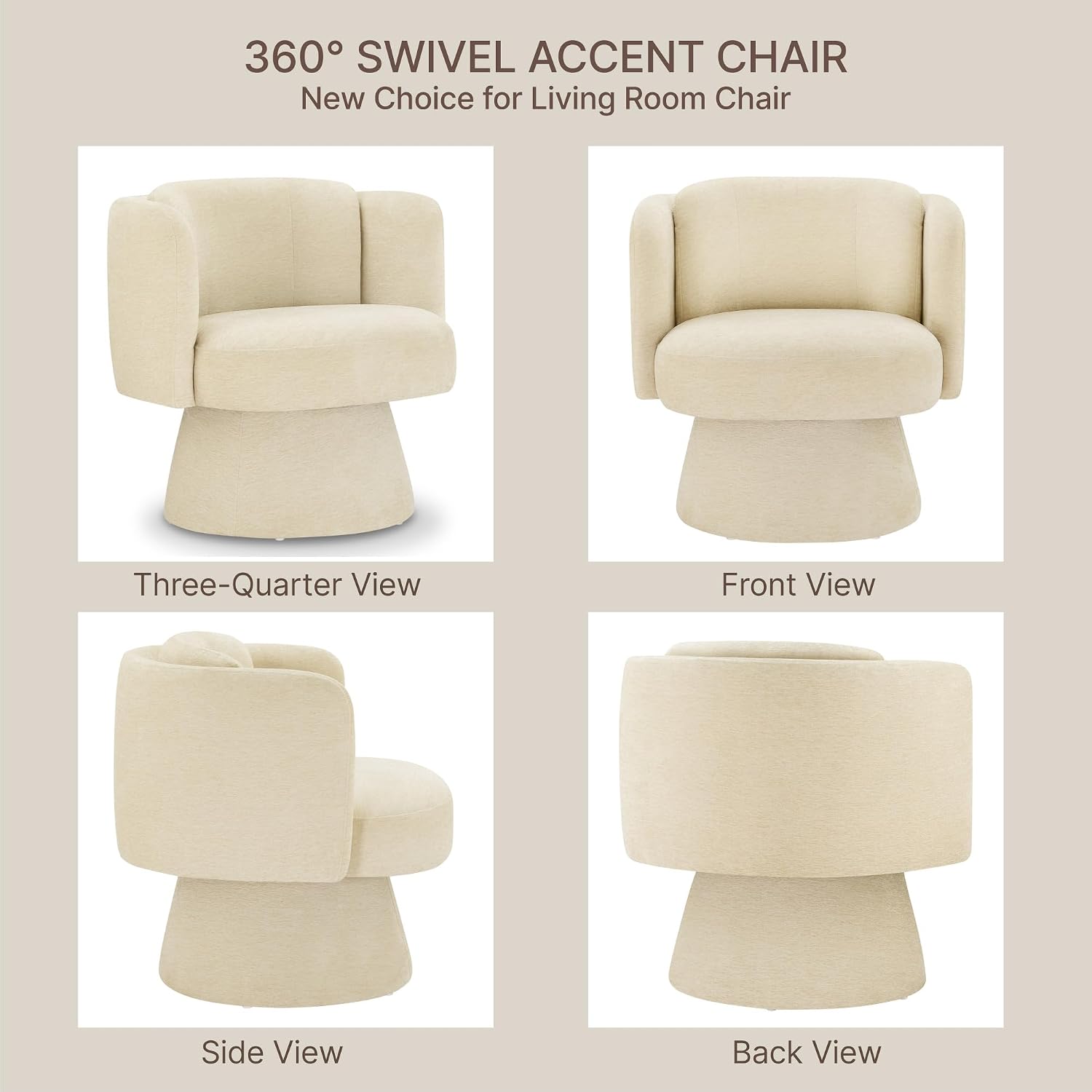 Swivel Barrel Chair,360° Accent Chairs with Round Backrest,Upholstered Lounge Chair for Vanity,Living Room,Bedroom,Reading Nook,Sand