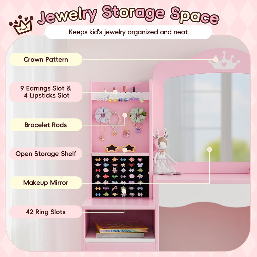 Kids Vanity, Girl Vanity Set with Storage Cabinet & Open Shelf, 2 In 1 Kids Vanity Table and Chair Set with Jewelry Storage, Princess Toddler Makeup Vanity with Mirror for Little Girls (Pink)