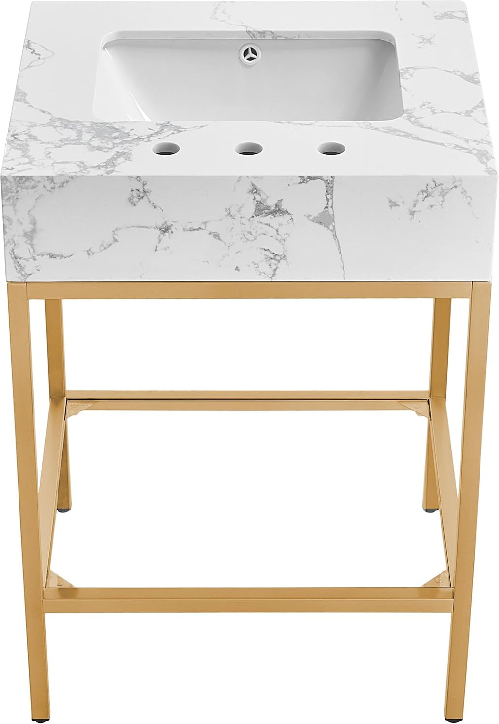 Meridian Furniture 406White-24 Marmo Collection Modern | Contemporary Bathroom Vanity with White Engineered Stone with Grey Veining, Brushed Brass Stainless Steel Base, 24' W x 21' D x 34' H, White