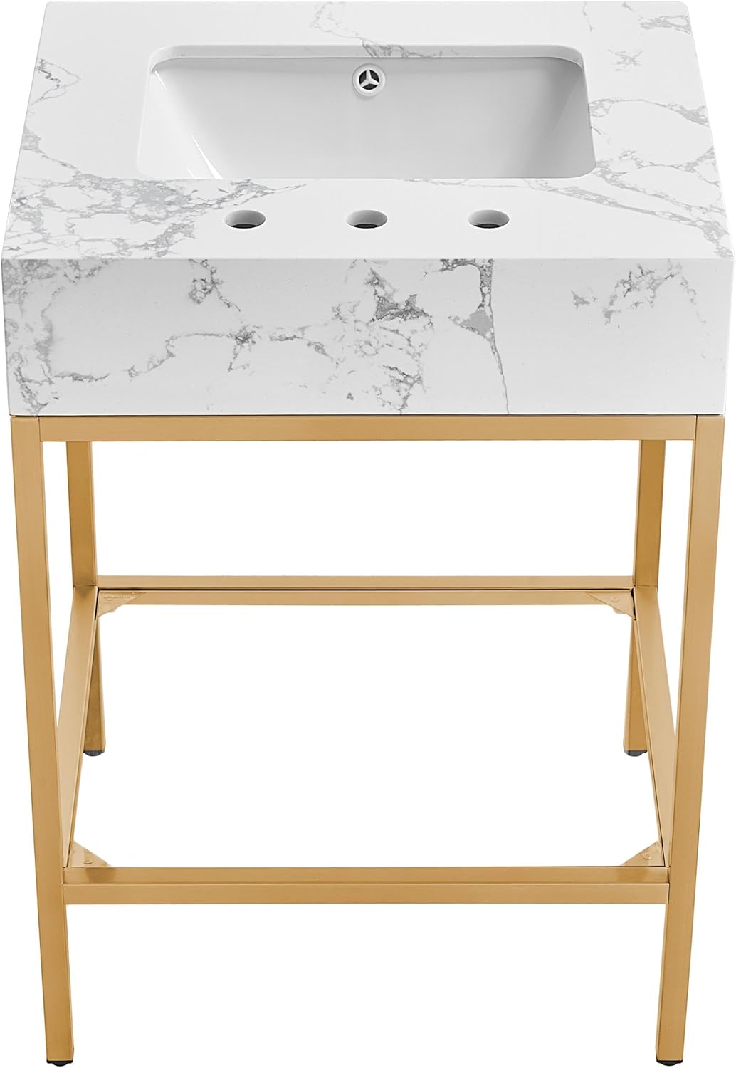 Meridian Furniture 406White-24 Marmo Collection Modern | Contemporary Bathroom Vanity with White Engineered Stone with Grey Veining, Brushed Brass Stainless Steel Base, 24' W x 21' D x 34' H, White