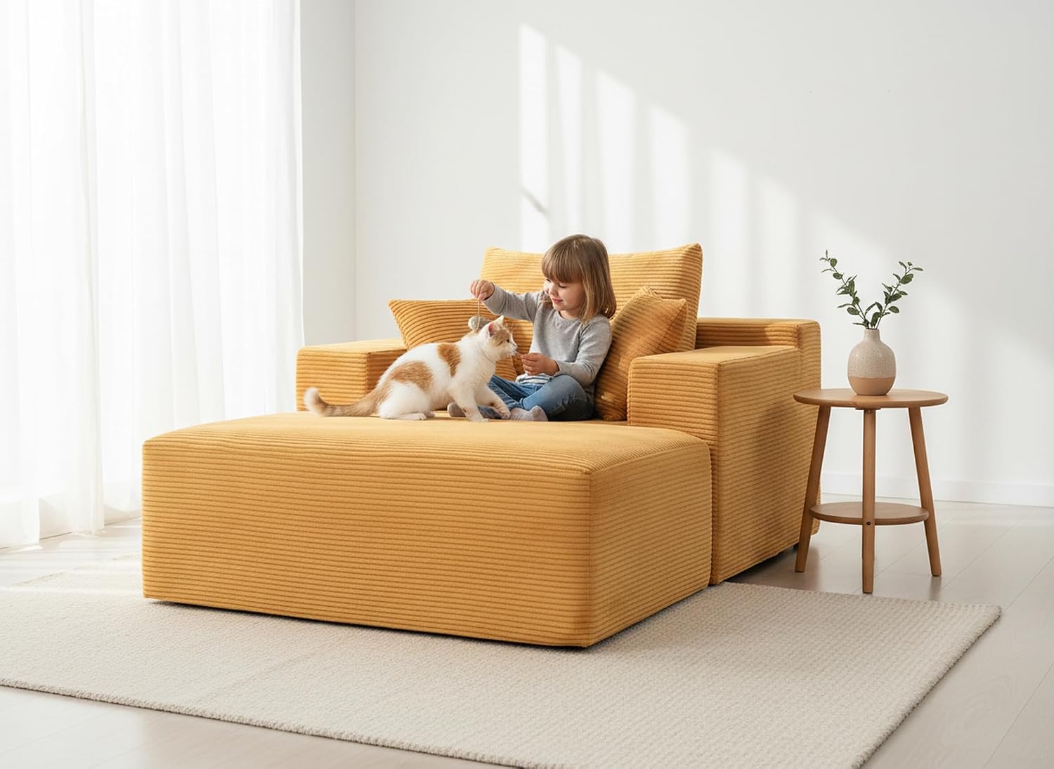 Container Furniture Direct Dawson Convertible Chaise Lounge Chair Indoor – Oversized Corduroy Couch with Wide Armrest & Throw Pillows, Cozy Boneless Sleeper Sofa Bed Armchair, Ginger Yellow