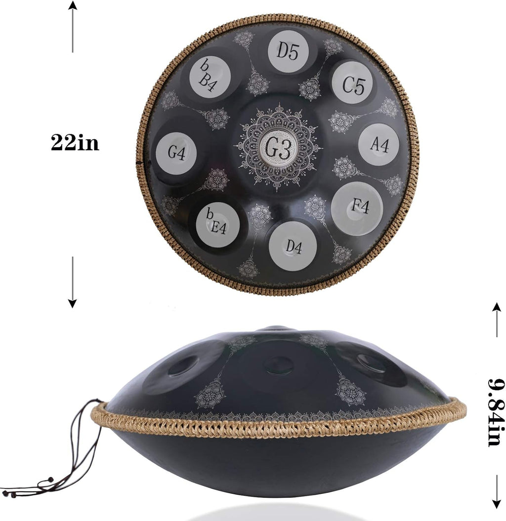 Handpan-Classic 10 Notes Black Print Hand Pan,Premium 432HZ 22 Inches D Minor Steel Handpan Drum Set,Adult's Music Steel Pan Instrument
