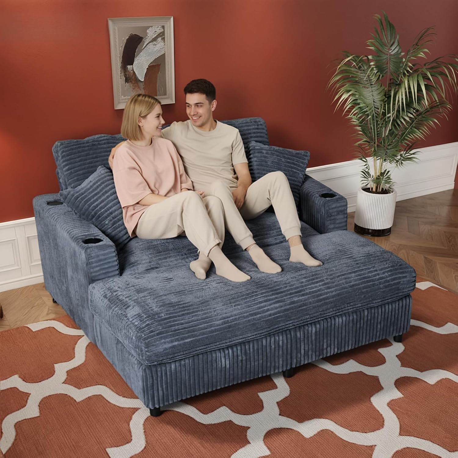 60' Oversized Chaise Lounge Chair Indoor, Upholstered Sofa Bed with Pillows & 2 Cup Holders, Sleeper Couch Comfy Corduroy Recliner Chair for Living Room, Movie Room, Bedroom, Gray