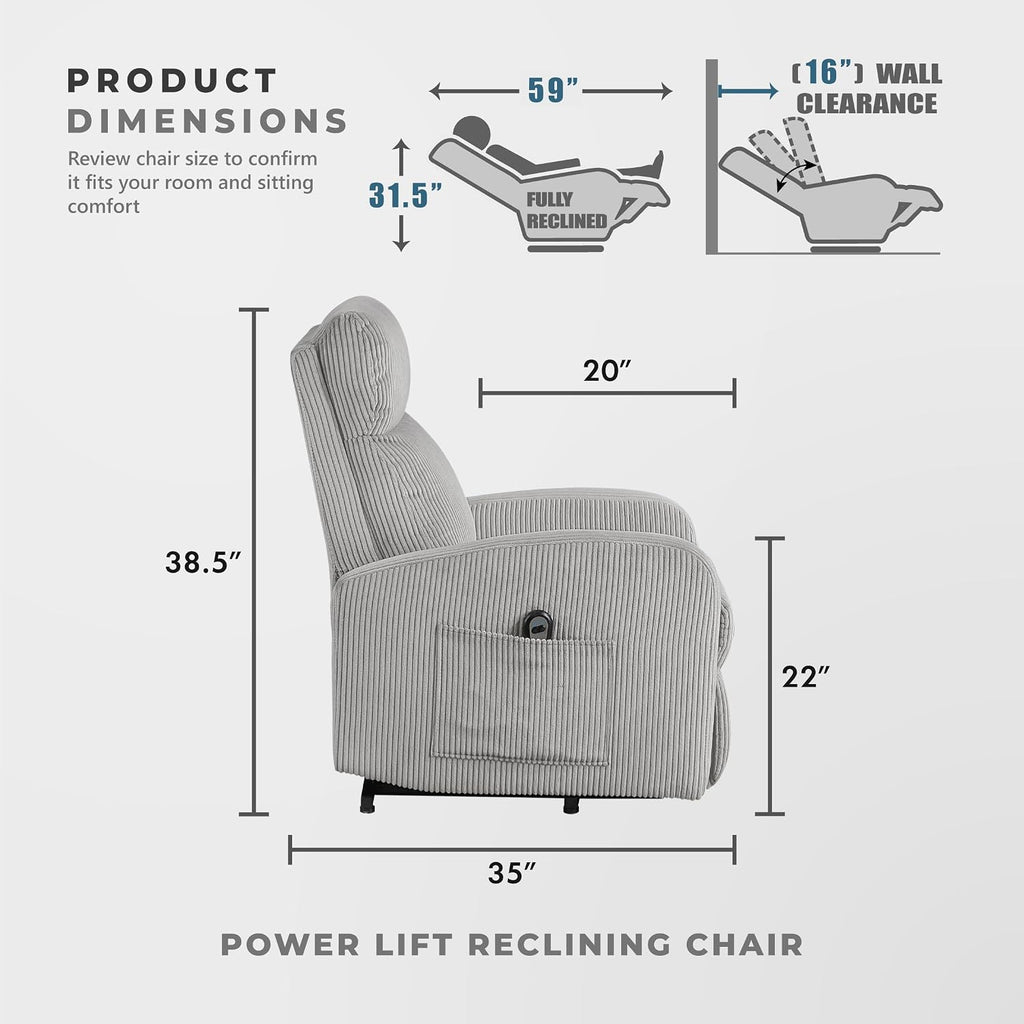 Lexicon Power Lift Recliner Chair for Elderly with Remote Control, Gentle Lift Motion, Side Pocket Armrest, Corduroy Upholstered Electric Recliner for Living Room/Bedroom, Easy Assembly, Light Gray