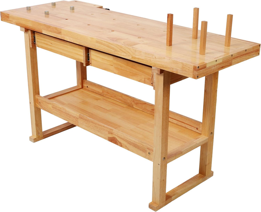 Montary 60' Professional Rubberwood Workbench with 2 Drawers & Open Shelf, Natural Finish Work Bench with Adjustable Handle for Garage, Woodworking Carpenter Workshop & Home Use