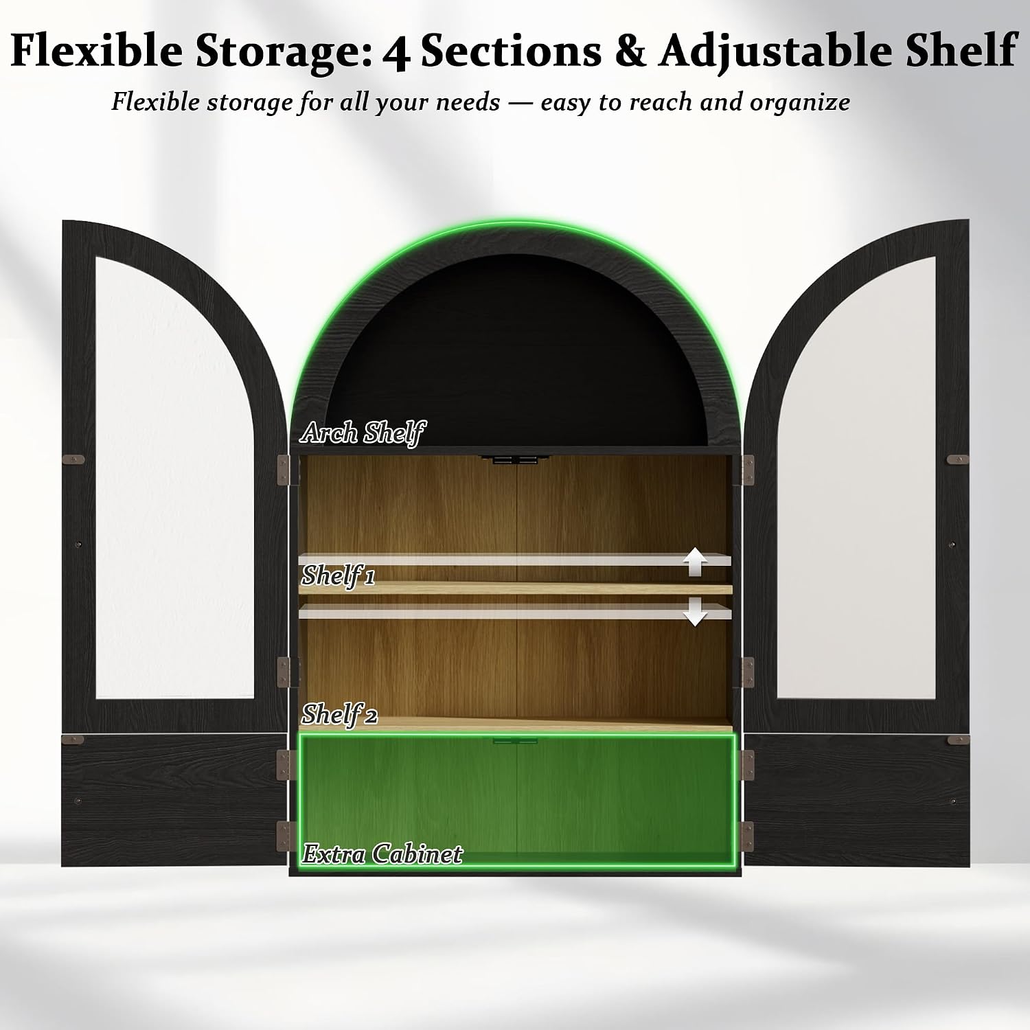 BREEZEHEAT Arched Bathroom Wall Cabinet, Floating Medicine Cabinet Over Toilet Storage w/Glass Doors, Adjustable Shelf, Wood Hanging Cupboard for Laundry Room/Kitchen/Hallway, Black, 23.6x33.5 Inch