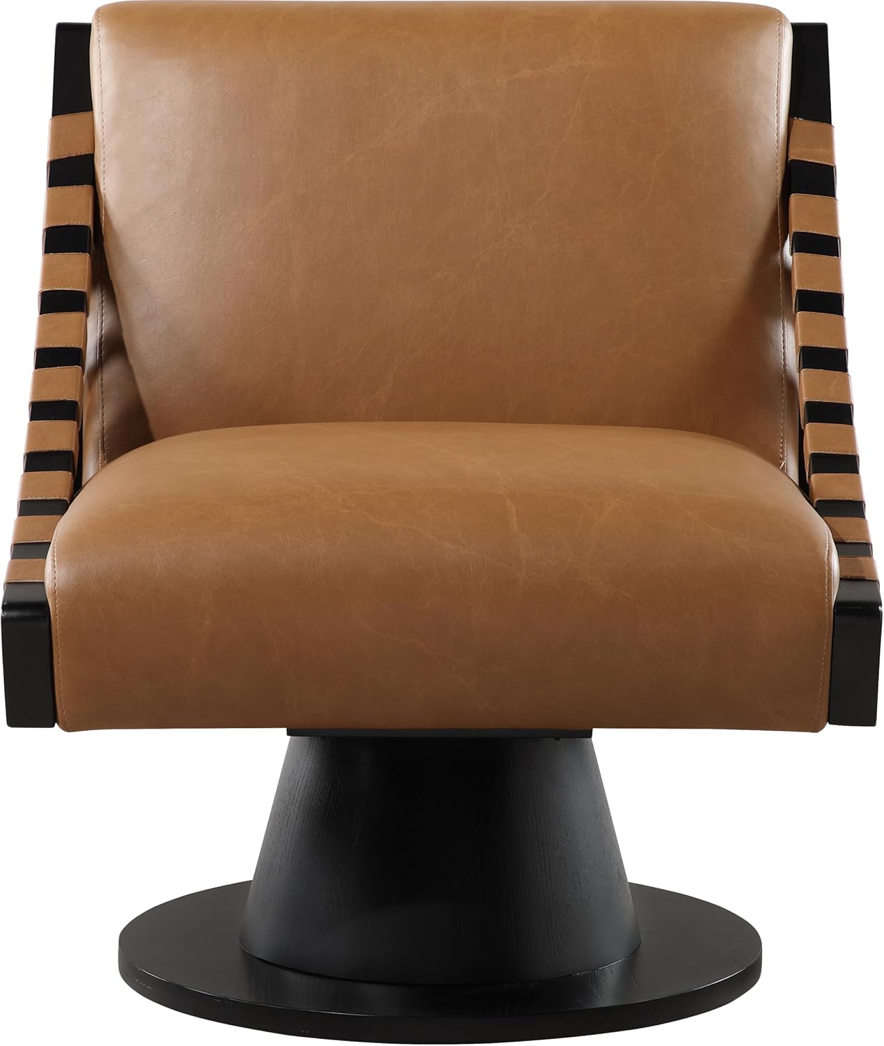 Meridian Furniture 33002Cognac Millwin Collection Art Deco Swivel Accent Chair with Rich Cognac Vegan Leather, Black Finish, Solid Wood Frame and Base, 28' W x 30' D x 32.5' H, Cognac