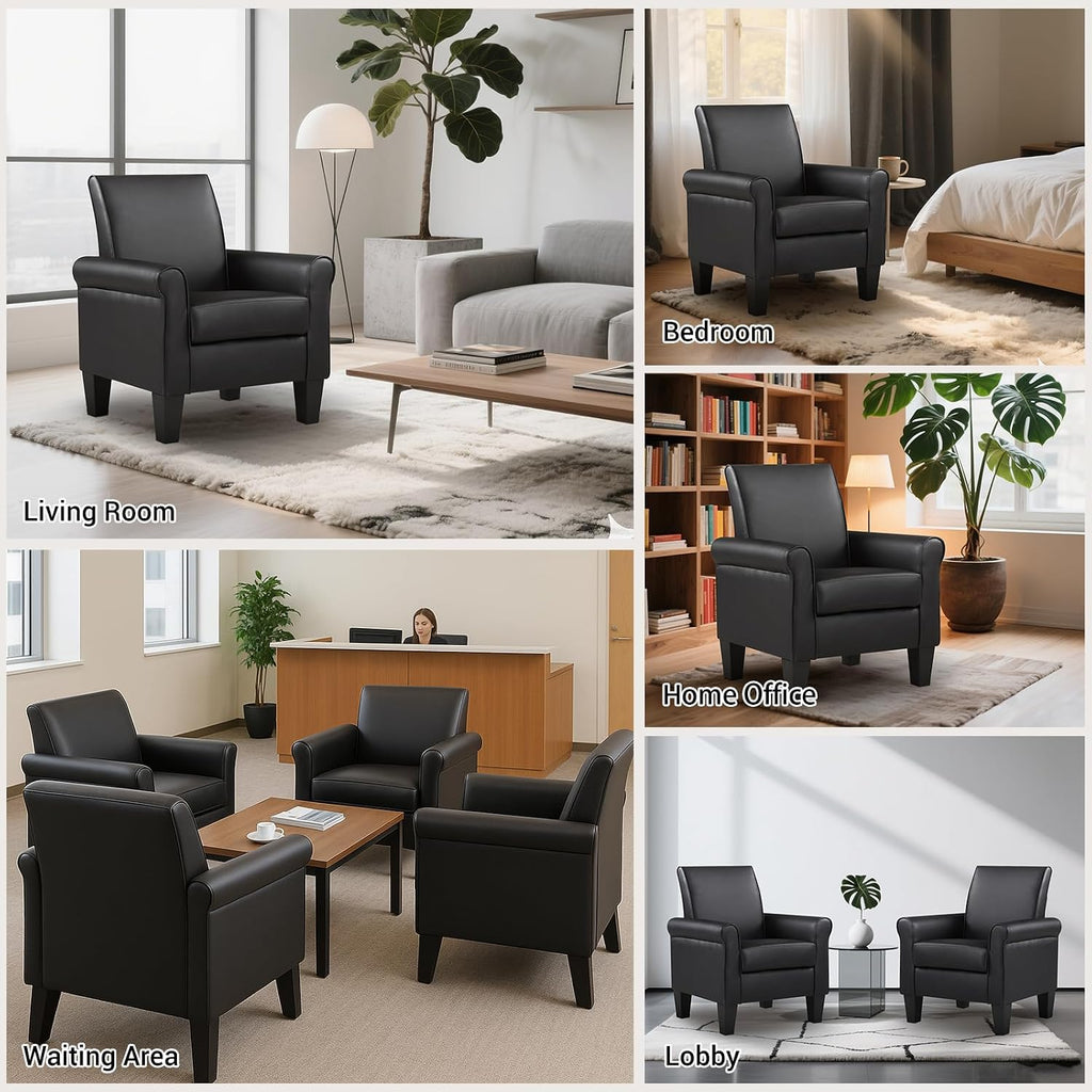 Modern Faux Leather Accent Chair, Upholstered Living Room Armchairs Comfy Single Sofa Chair for Bedroom, Waiting Room-Black