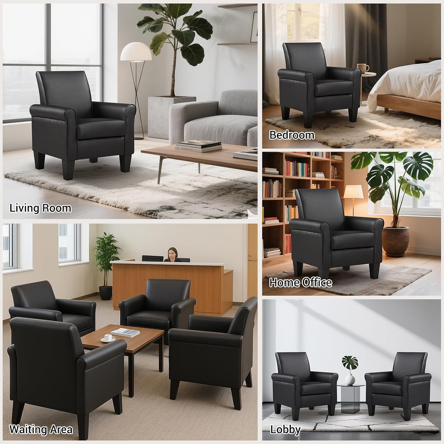 Modern Faux Leather Accent Chair, Upholstered Living Room Armchairs Comfy Single Sofa Chair for Bedroom, Waiting Room-Black