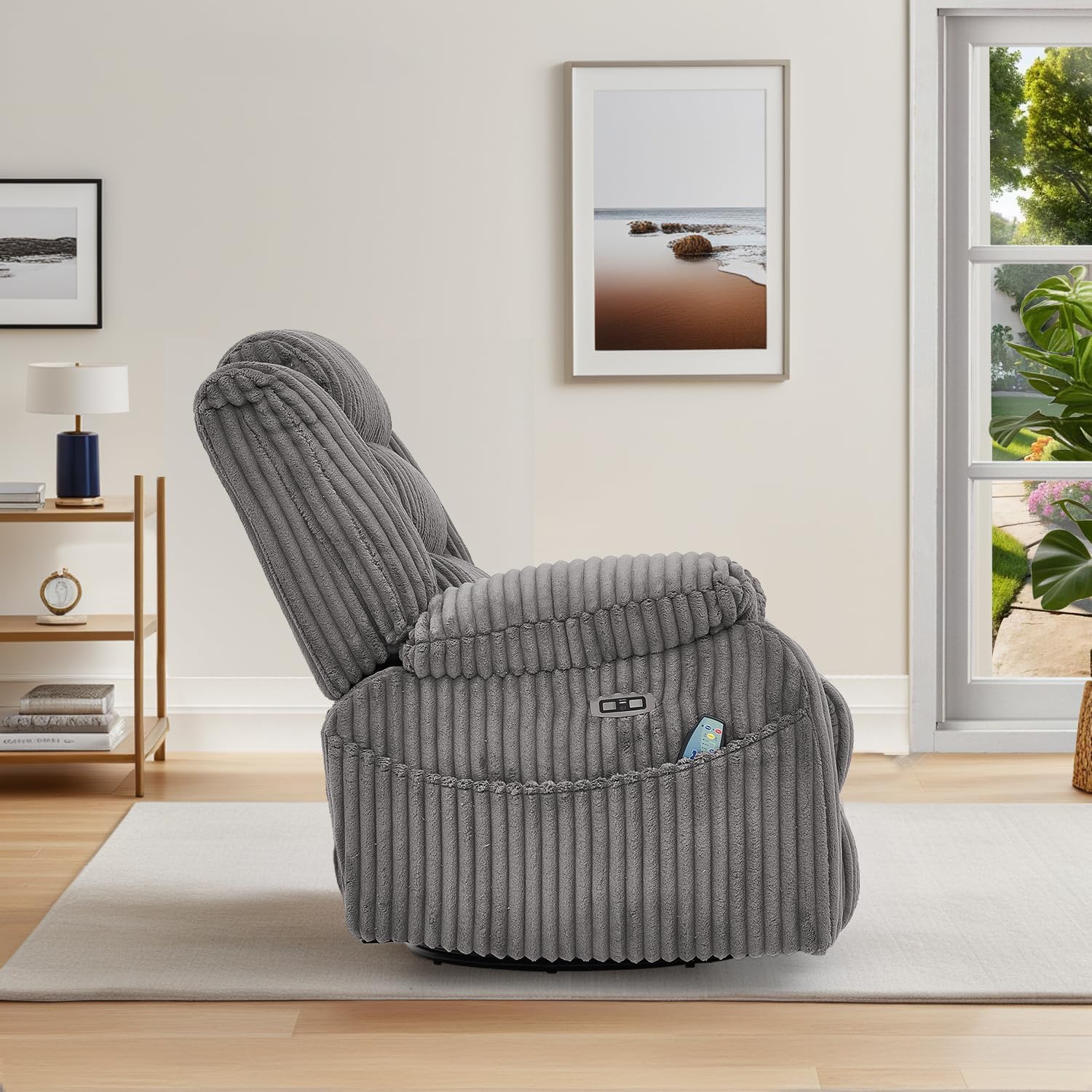 ERYE Oversized Glider Rocker Chair 270° Swivel & Power Reclining Chair W/Vibration Heat and USB-C Ports,Power Recliner Armchair Corduroy Upholstered Nursery Armchair